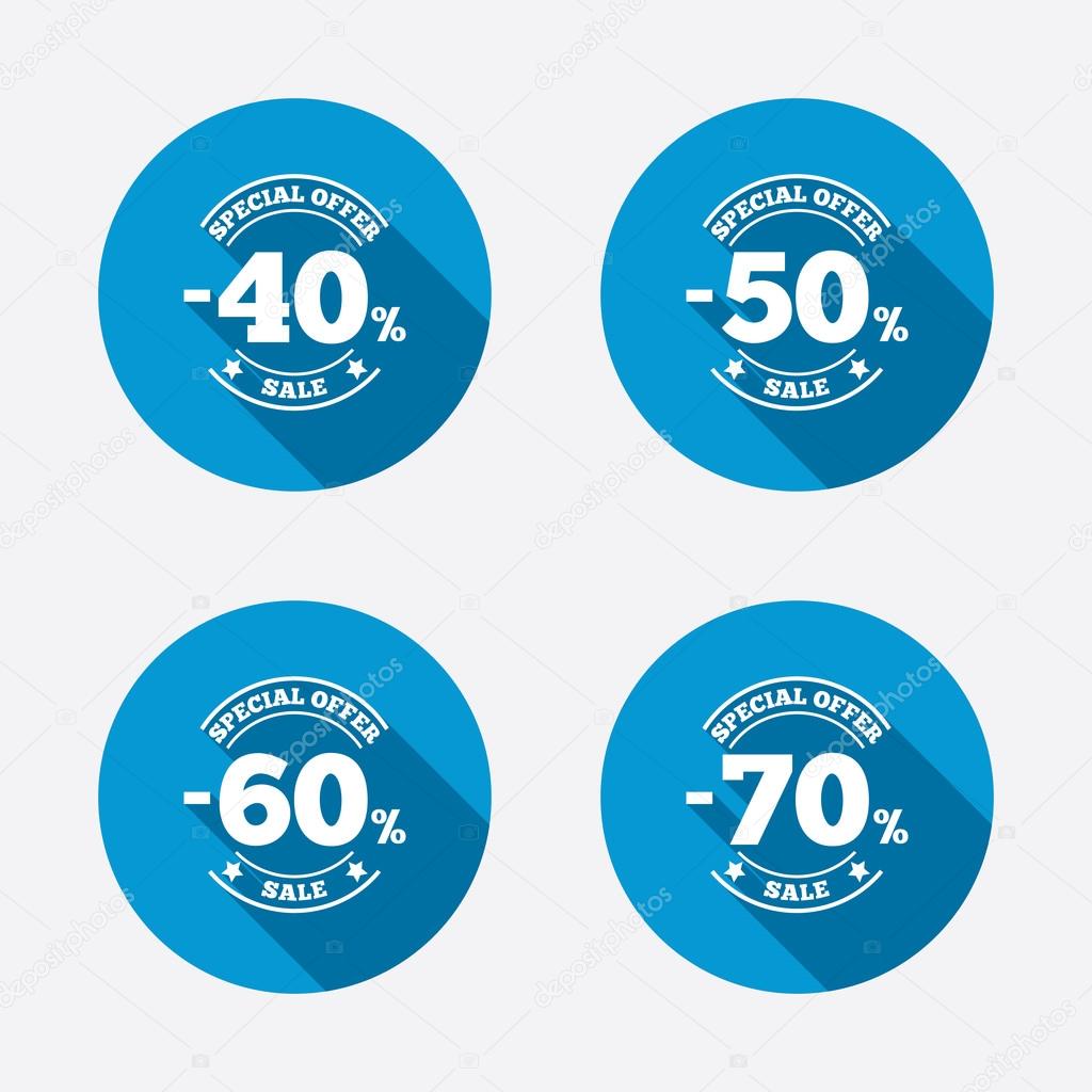 Sale discount icons. Special offer stamp price signs. 40, 50, 60 and 70 percent off reduction symbols. Circle concept web buttons. Vector
