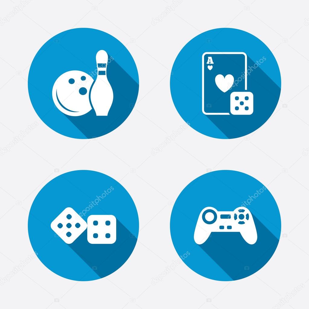 Bowling and Casino icons. Video game joystick and playing card with dice symbols. Entertainment signs. Circle concept web buttons. Vector