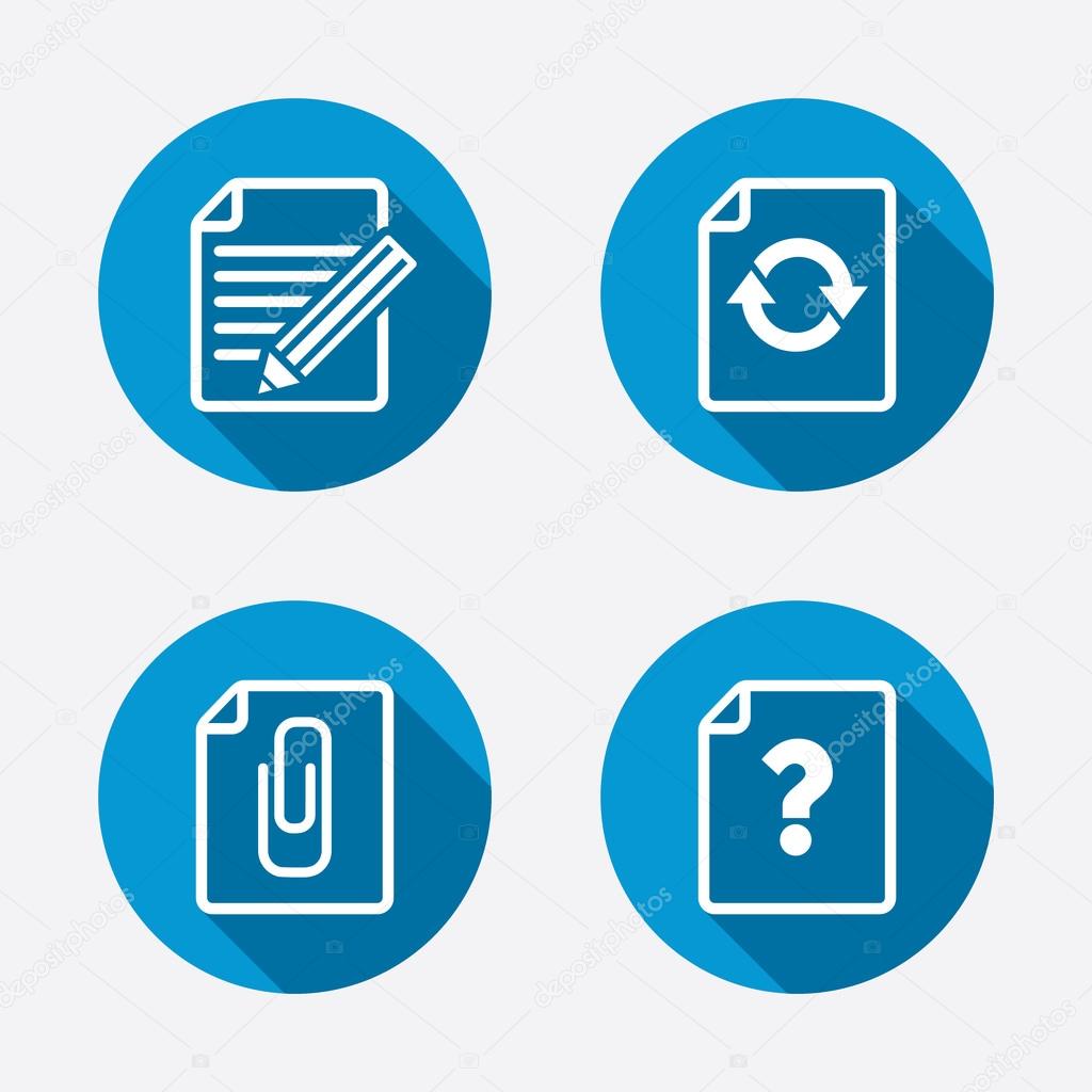 File refresh icons. Question help and pencil edit symbols. Paper clip attach sign. Circle concept web buttons. Vector