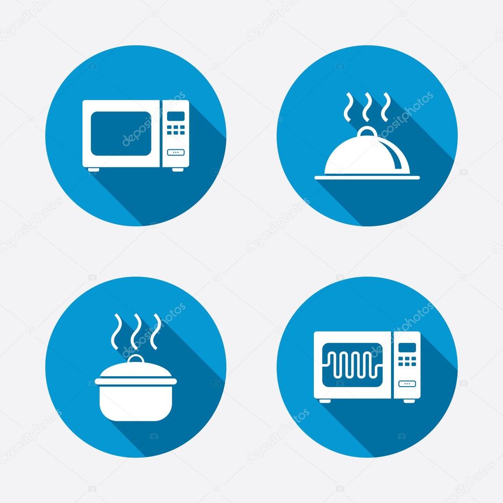 Microwave grill oven icons. Cooking pan signs. Food platter serving symbol. Circle concept web buttons. Vector