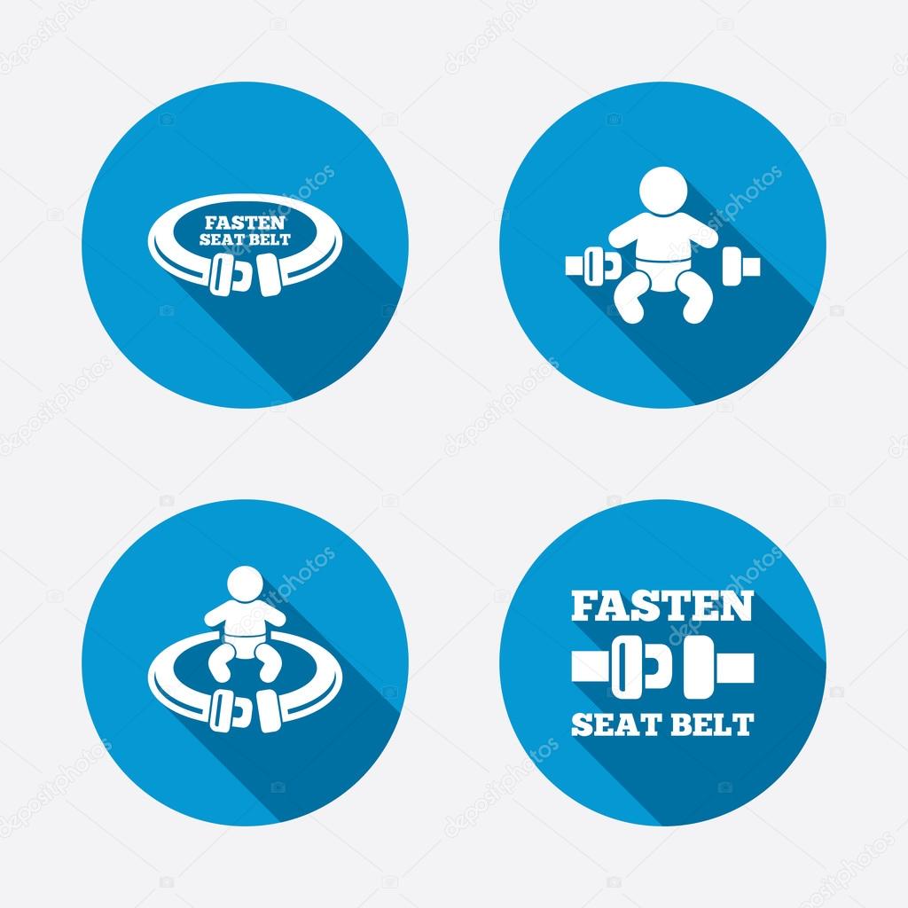 Fasten seat belt icons. Child safety in accident symbols. Vehicle safety belt signs. Circle concept web buttons. Vector