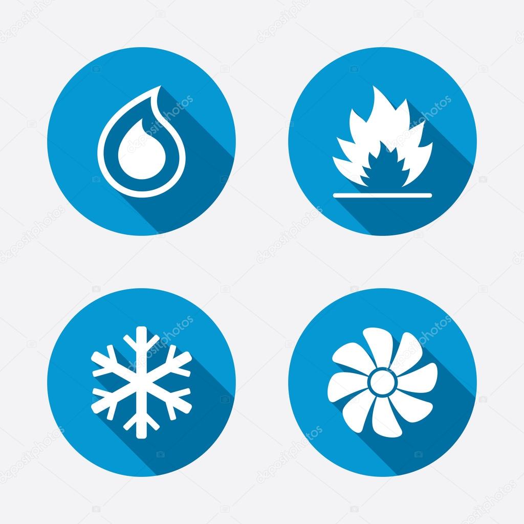 HVAC icons. Heating, ventilating and air conditioning symbols. Water supply. Climate control technology signs. Circle concept web buttons. Vector