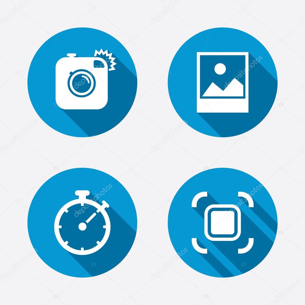 Hipster retro photo camera icon. Autofocus zone symbol. Stopwatch timer sign. Landscape photo frame. Circle concept web buttons. Vector
