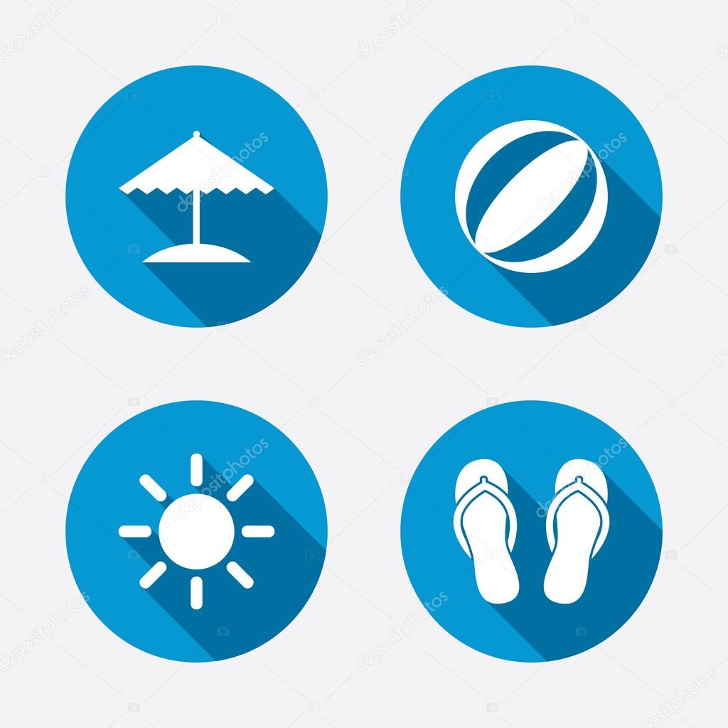 Beach holidays icons. Ball, umbrella and flip-flops sandals signs. Summer sun symbol. Circle concept web buttons. Vector