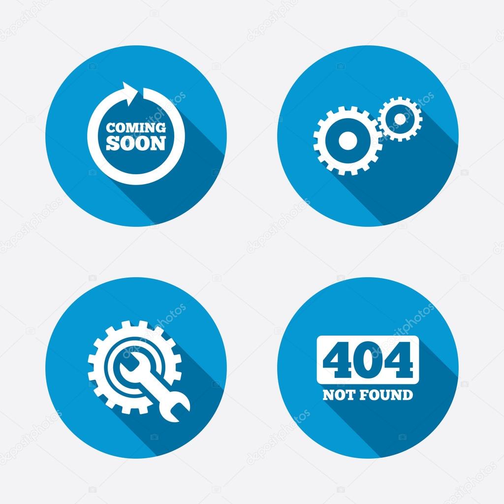 Coming soon rotate arrow icon. Repair service tool and gear symbols. Wrench sign. 404 Not found. Circle concept web buttons. Vector