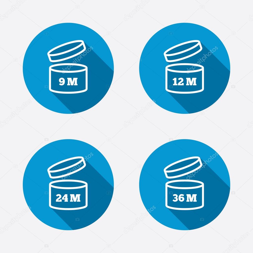 After opening use icons. Expiration date 9-36 months of product signs symbols. Shelf life of grocery item. Circle concept web buttons. Vector