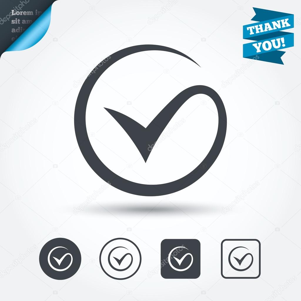 Tick sign icon. Check mark symbol. Circle and square buttons. Flat design set. Thank you ribbon. Vector