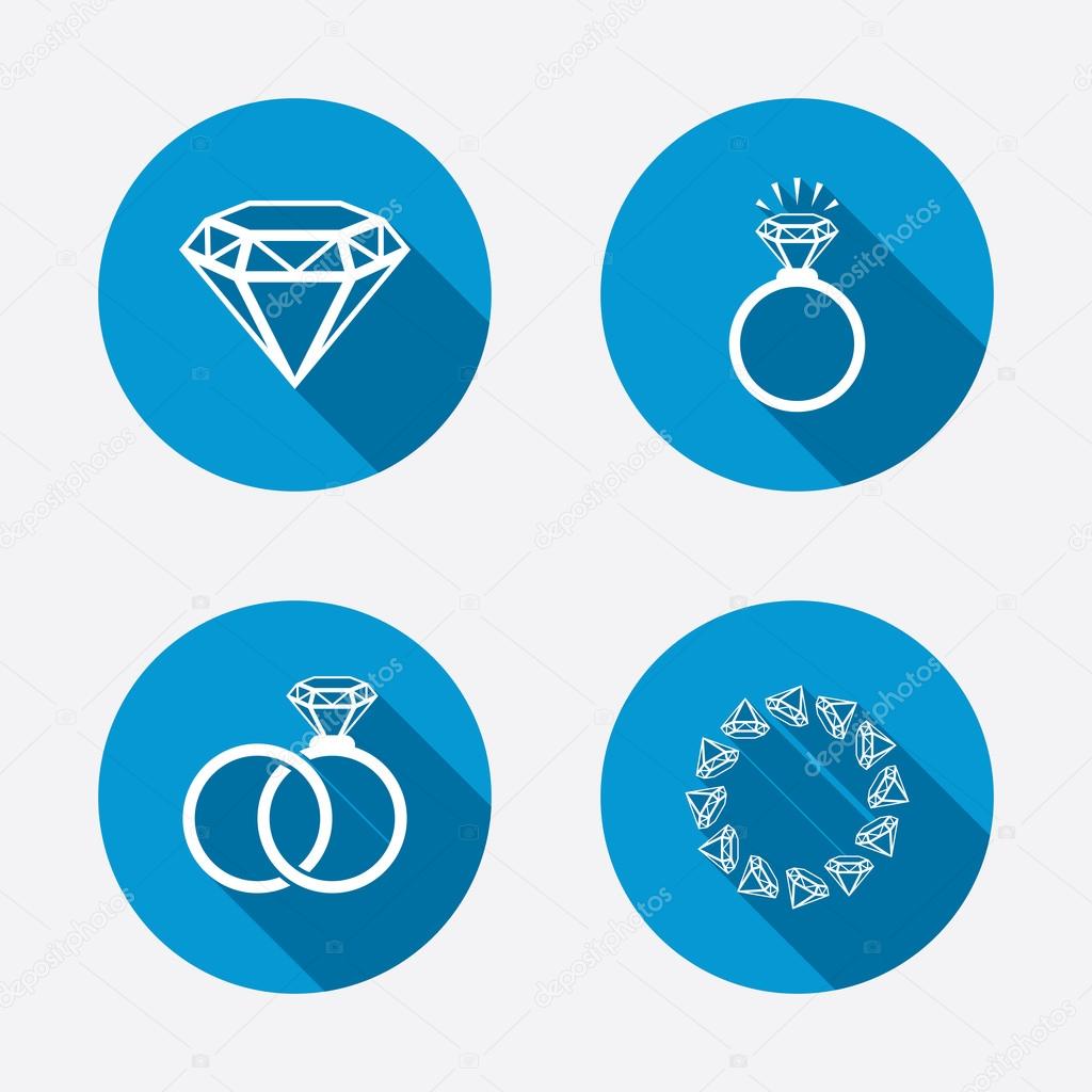 Rings icons. Jewelry with shine diamond signs. Wedding or engagement symbols. Circle concept web buttons. Vector