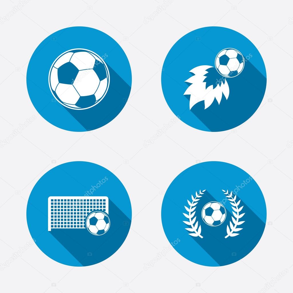 Football icons. Soccer ball sport sign. Goalkeeper gate symbol. Winner award laurel wreath. Goalscorer fireball. Circle concept web buttons. Vector