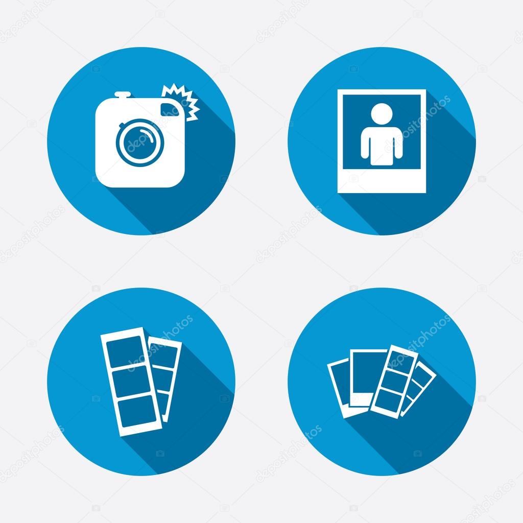 Hipster photo camera icon. Flash light symbol. Photo booth strips sign. Human portrait photo frame. Circle concept web buttons. Vector