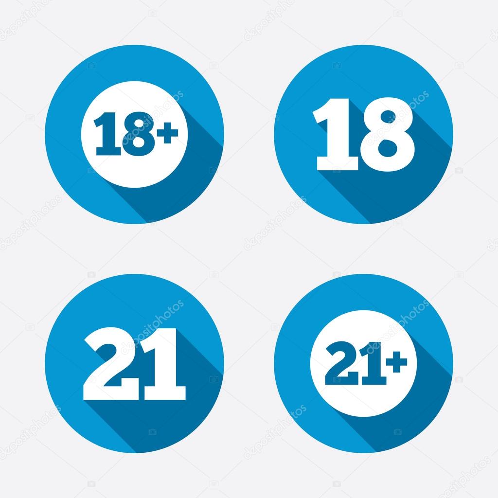 Adult content icons. Eighteen and twenty-one plus years sign symbols. Circle concept web buttons. Vector