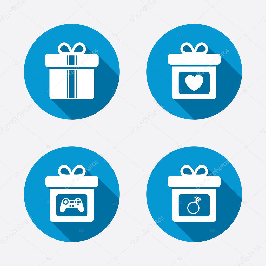 Gift box sign icons. Present with bow and ribbons symbols. Engagement ring sign. Video game joystick. Circle concept web buttons. Vector