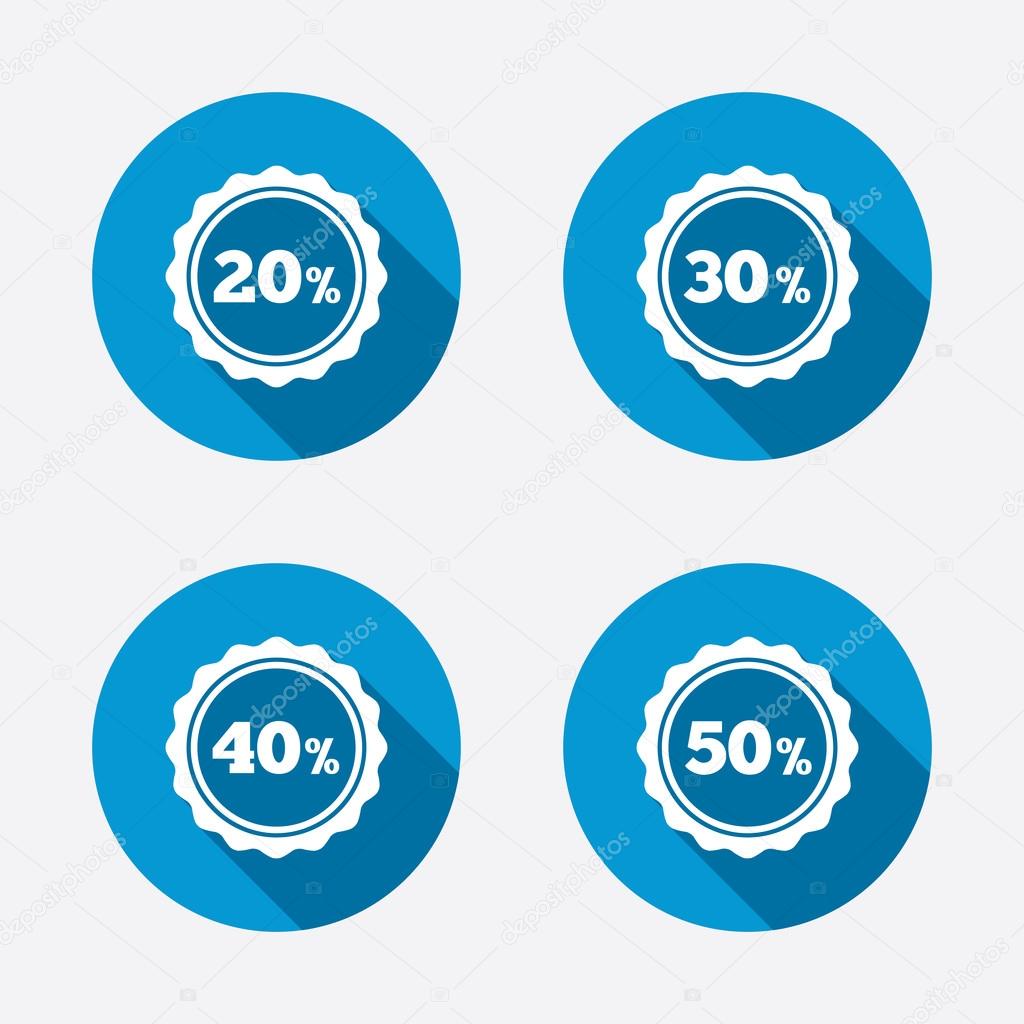 Sale discount icons. Special offer stamp price signs. 20, 30, 40 and 50 percent off reduction symbols. Circle concept web buttons. Vector