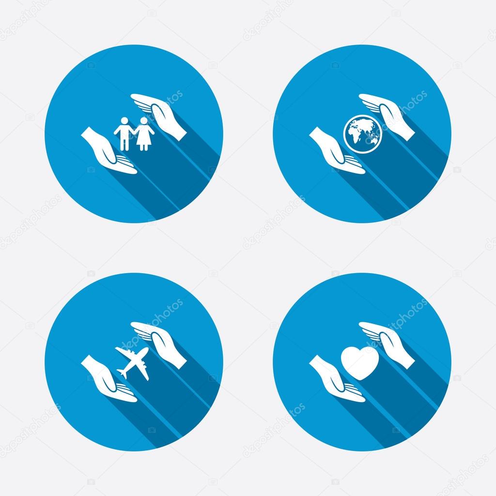 Hands insurance icons. Human life insurance symbols. Heart health sign. Travel flight symbol. Save world planet. Circle concept web buttons. Vector