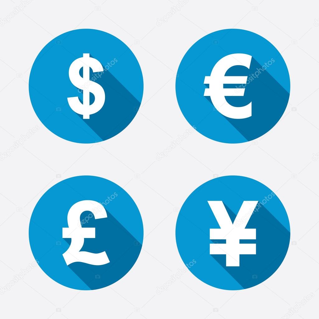 Dollar, Euro, Pound and Yen icons.