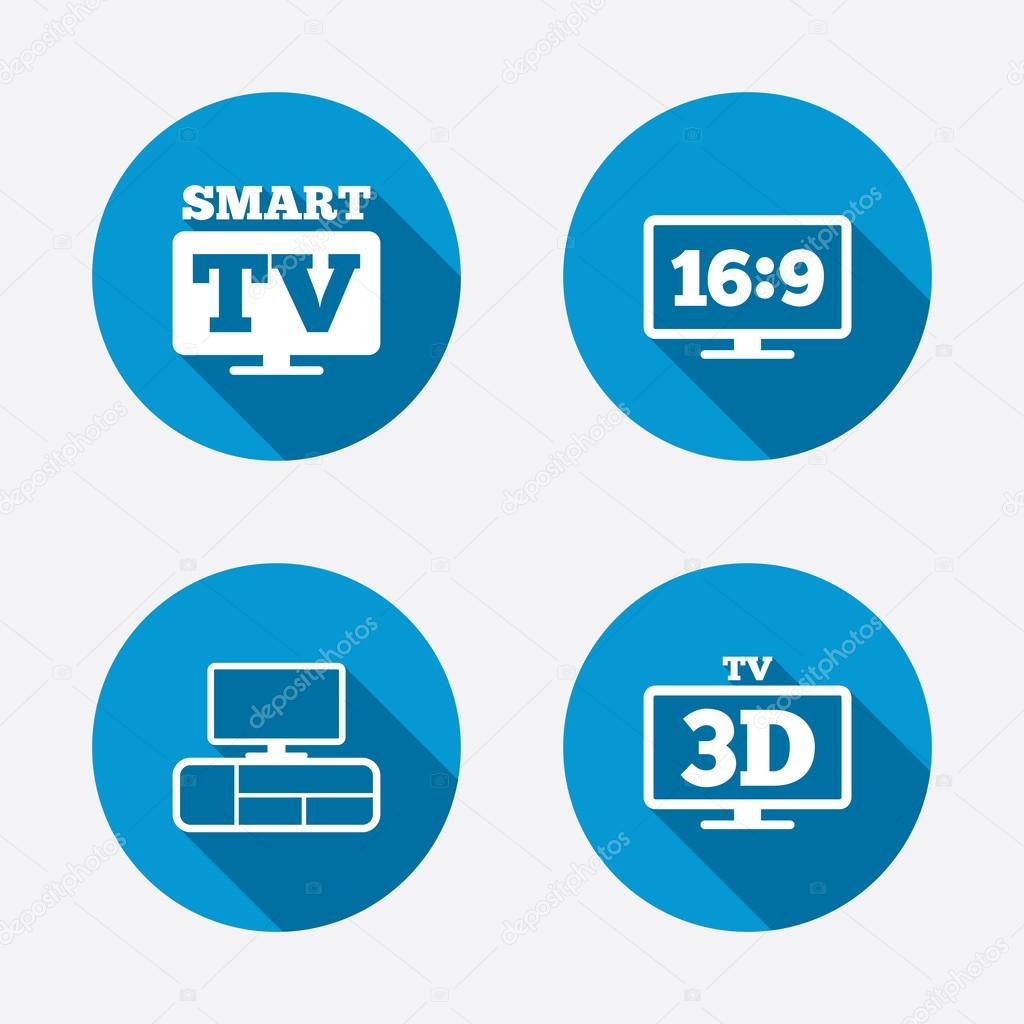 Smart TV mode icon. Aspect ratio 16:9 widescreen symbol. 3D Television and TV table signs. Circle concept web buttons. Vector