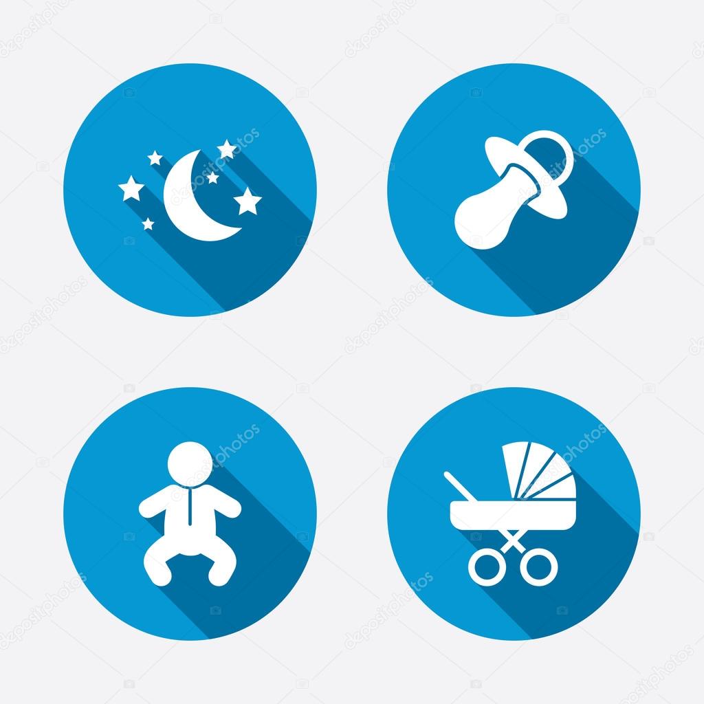 Moon and stars symbol. Baby infants icon. Buggy and dummy signs. Child pacifier and pram stroller. Circle concept web buttons. Vector