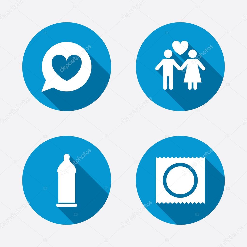 Condom safe sex icons. Lovers couple signs. Male love female. Speech bubble with heart. Circle concept web buttons. Vector