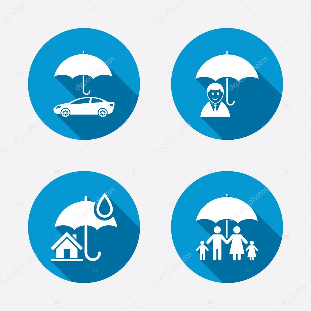 Family, Real estate or Home insurance icons. Life insurance and umbrella symbols. Car protection sign. Circle concept web buttons. Vector