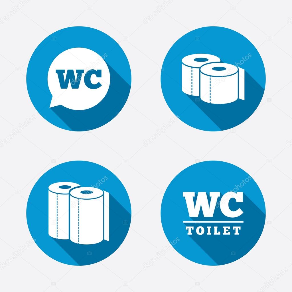 Toilet paper icons. Gents and ladies room signs. Paper towel or kitchen roll. Speech bubble symbol. Circle concept web buttons. Vector