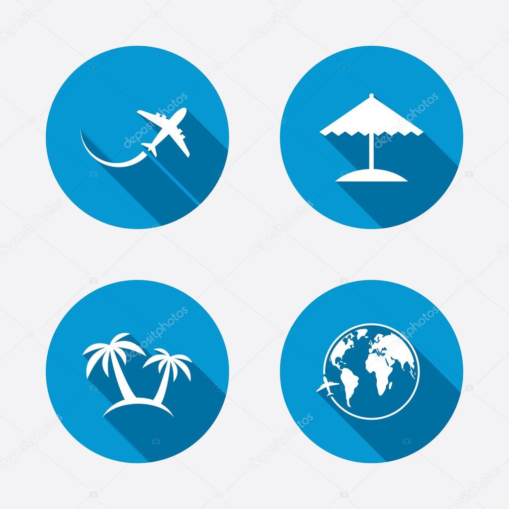 Travel trip icon. Airplane, world globe symbols. Palm tree and Beach umbrella signs. Circle concept web buttons. Vector