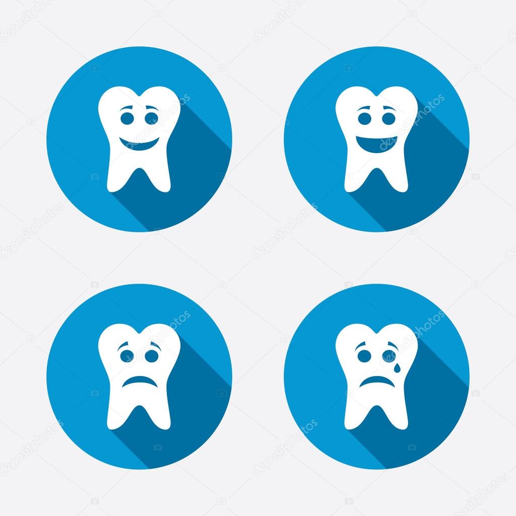 Tooth smile face icons. Happy, sad, cry signs. Happy smiley chat symbol. Sadness depression and crying signs. Circle concept web buttons. Vector