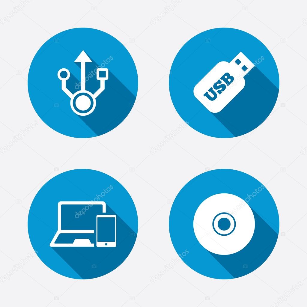 Usb flash drive icons. Notebook or Laptop pc symbols. Smartphone device. CD or DVD sign. Compact disc. Circle concept web buttons. Vector