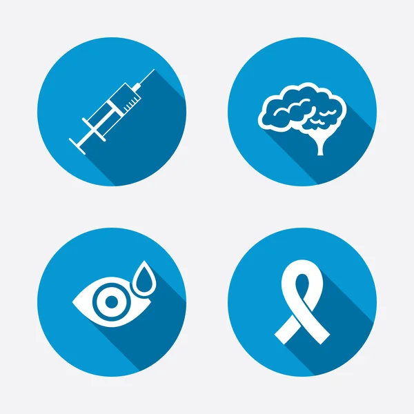 Medicine icons. Syringe, eye, brain and ribbon. — Stock Vector