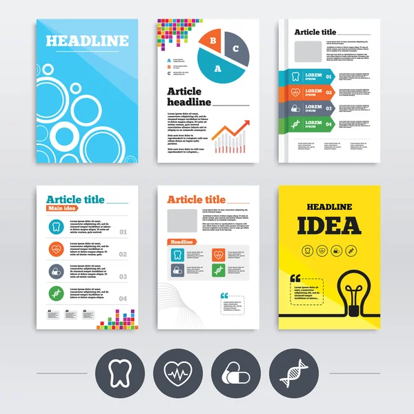 Medische pictogrammen. Pillen, tand, Dna en Cardiogram. — Stockvector