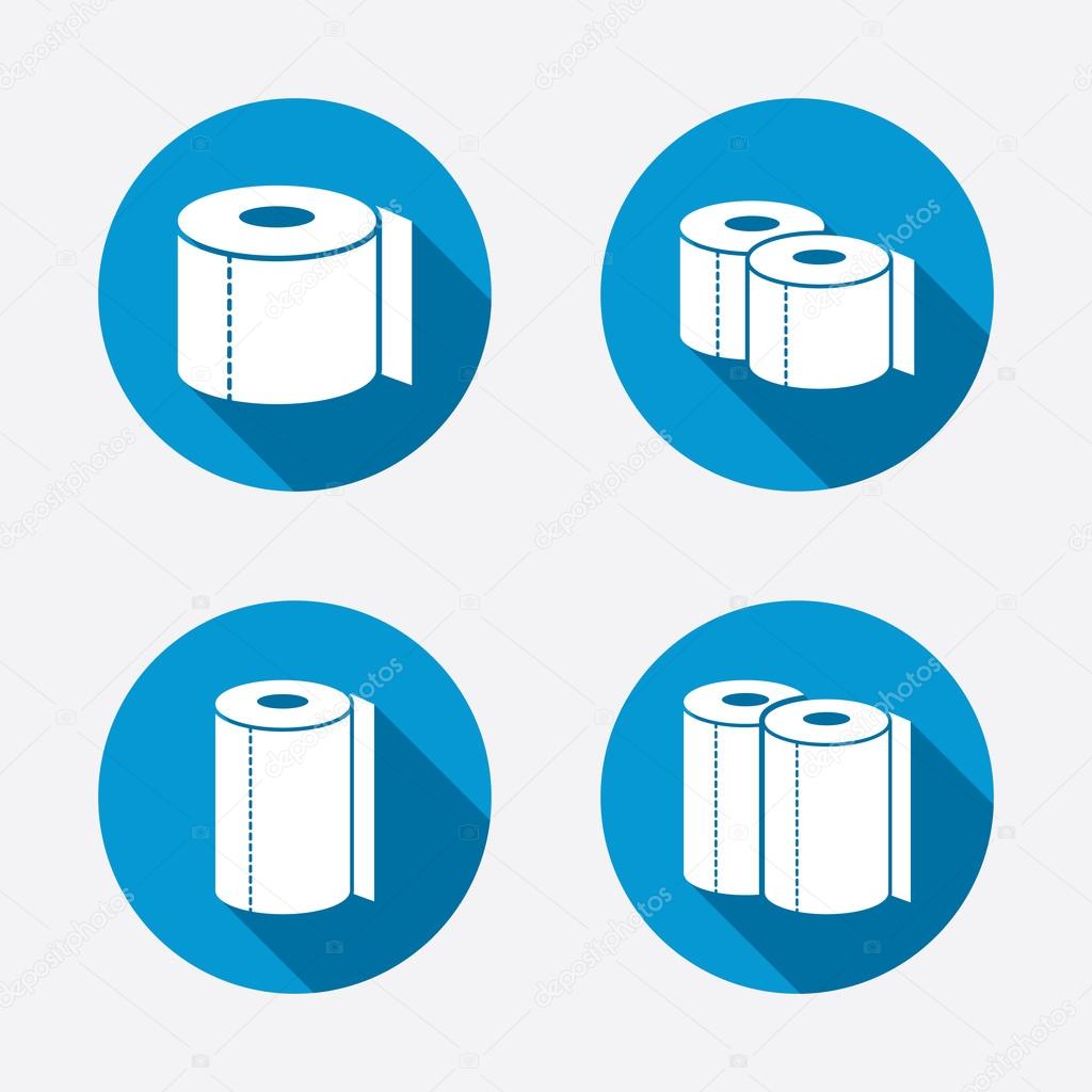 Toilet paper icons. Kitchen roll towel symbols. WC paper signs. Circle concept web buttons. Vector