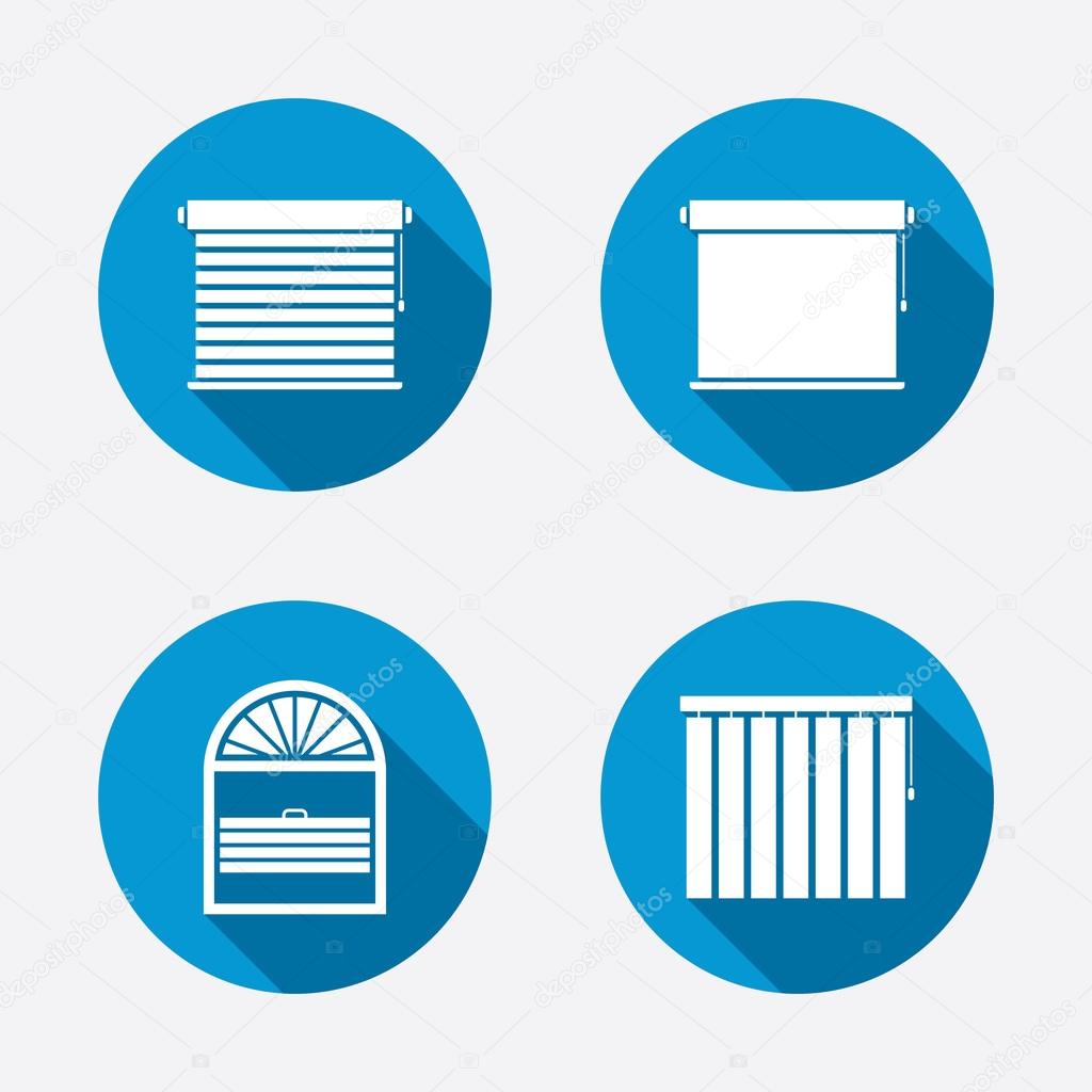 Louvers icons. Plisse, rolls, vertical and horizontal. Window blinds or jalousie symbols. Circle concept web buttons. Vector