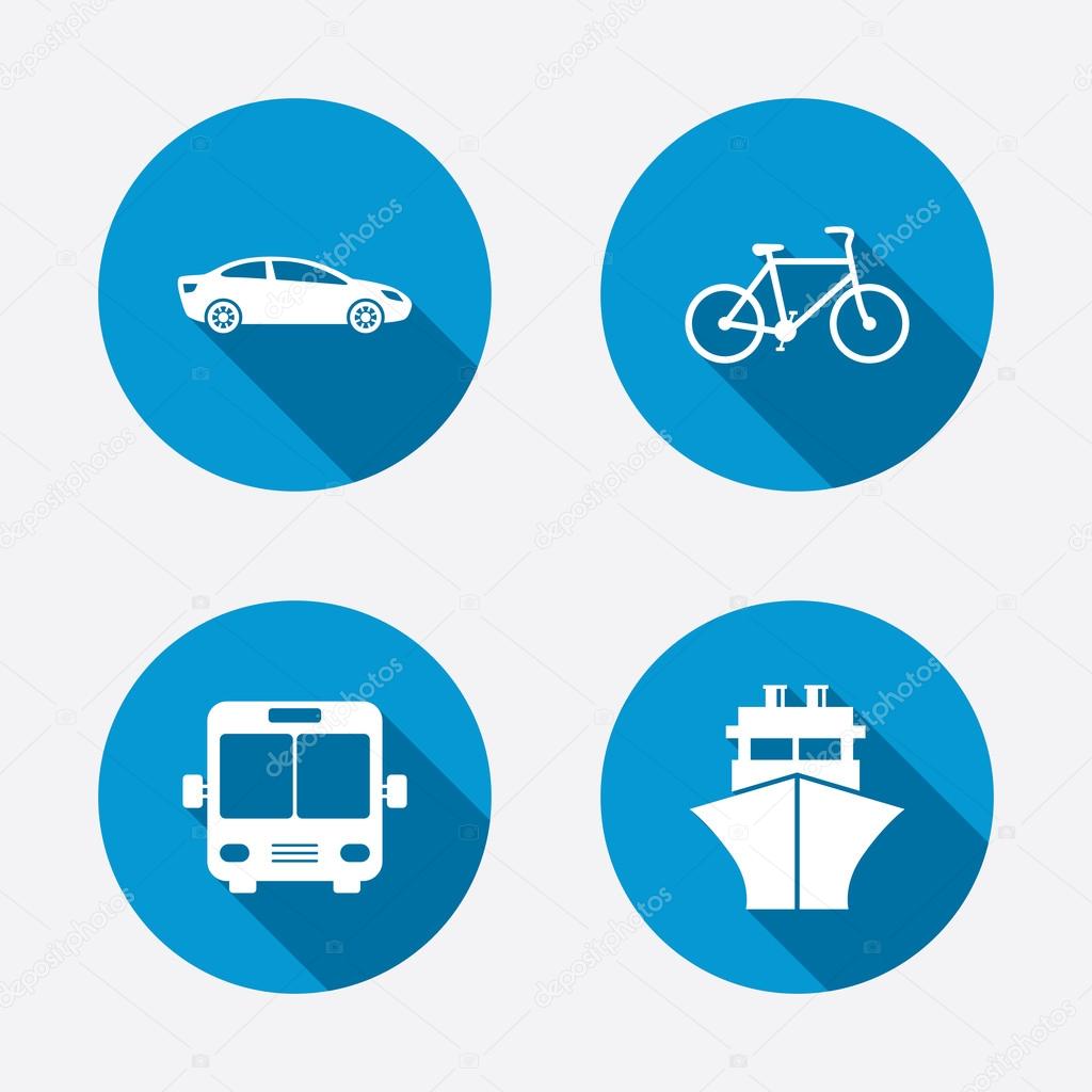 Transport icons. Car, Bicycle, Public bus and Ship signs. Shipping delivery symbol. Family vehicle sign. Circle concept web buttons. Vector