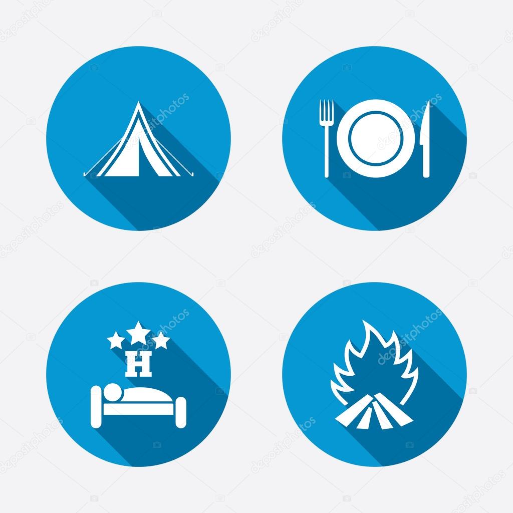 Food, sleep, camping tent and fire icons. Knife, fork and dish. Hotel or bed and breakfast. Road signs. Circle concept web buttons. Vector