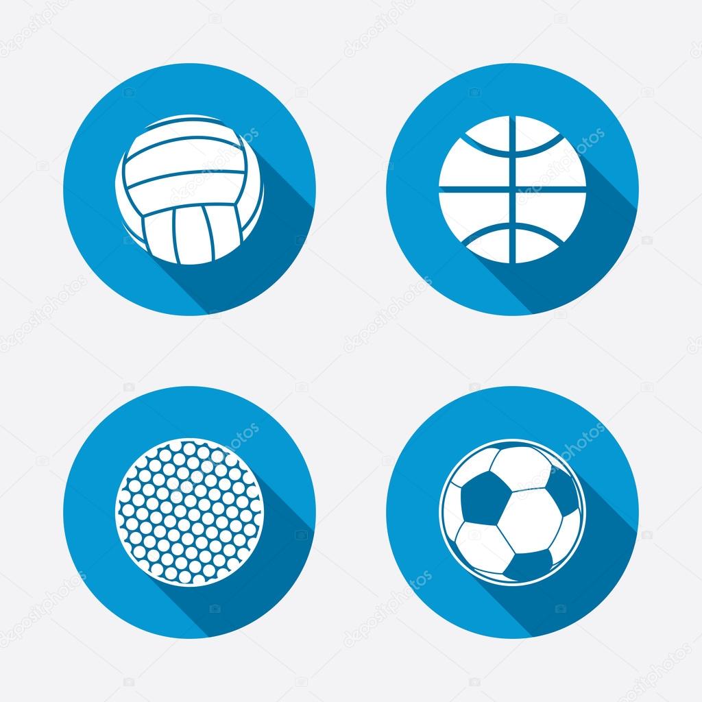 Sport balls icons. Volleyball, Basketball, Soccer and Golf signs. Team sport games. Circle concept web buttons. Vector