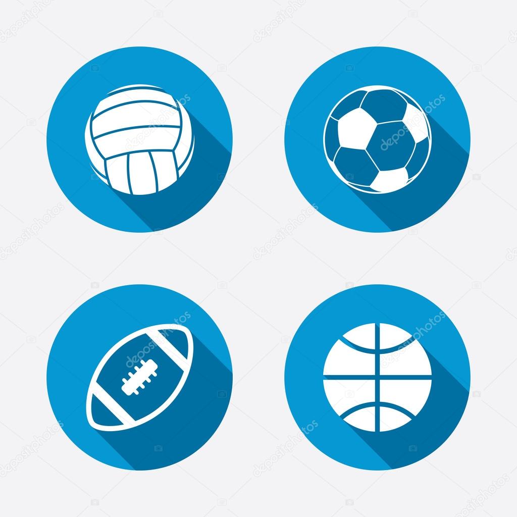 Sport balls icons. Volleyball, Basketball, Soccer and American football signs. Team sport games. Circle concept web buttons. Vector