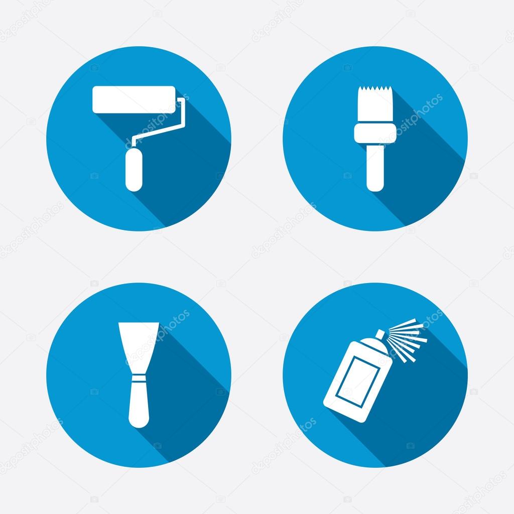 Paint roller, brush icons. Spray can and Spatula signs. Wall repair tool and painting symbol. Circle concept web buttons. Vector
