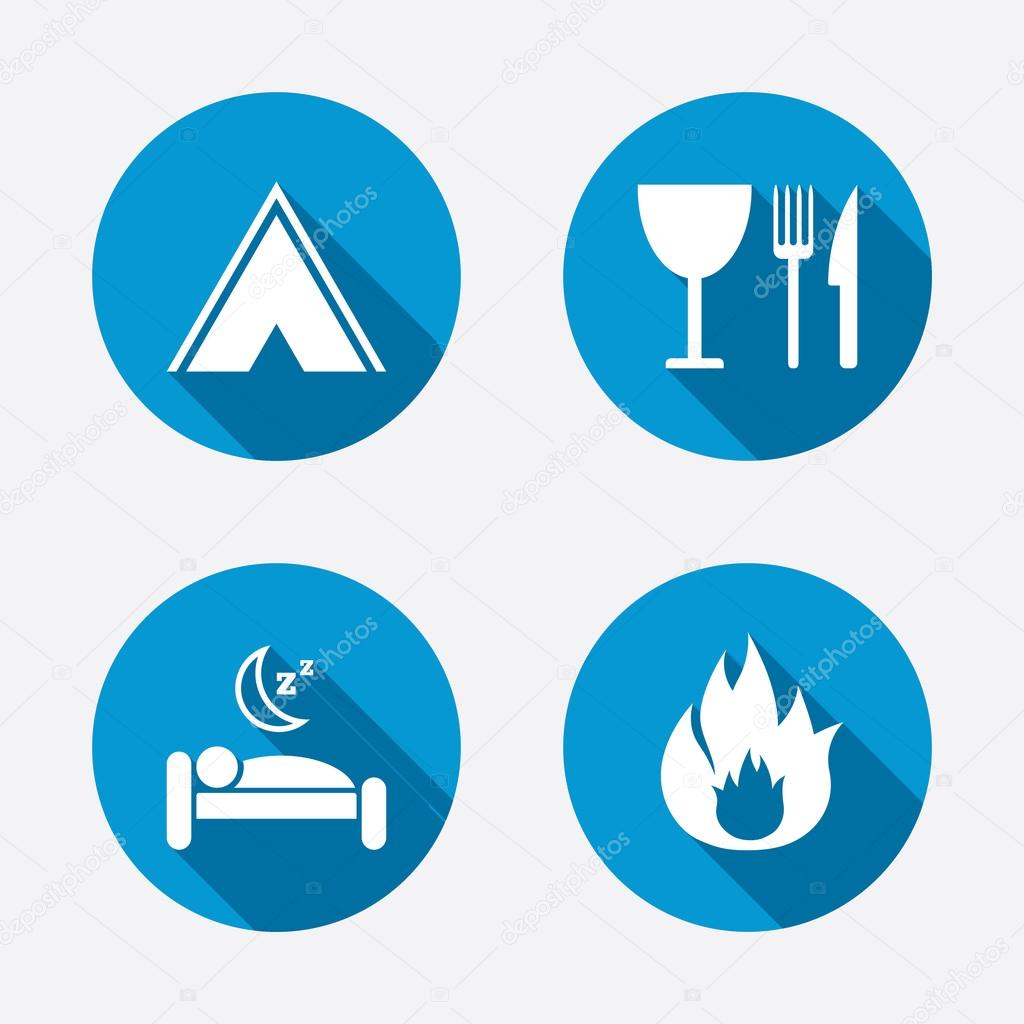 Food, sleep, tent and fire signs.