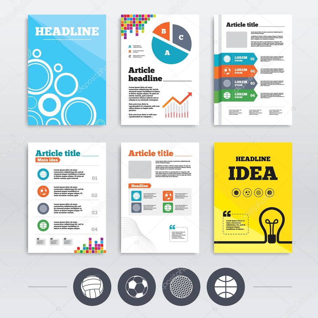 Brochure design and A4 flyers. Sport balls icons. Volleyball, Basketball, Soccer and Golf signs. Team sport games. Infographics templates set. Vector