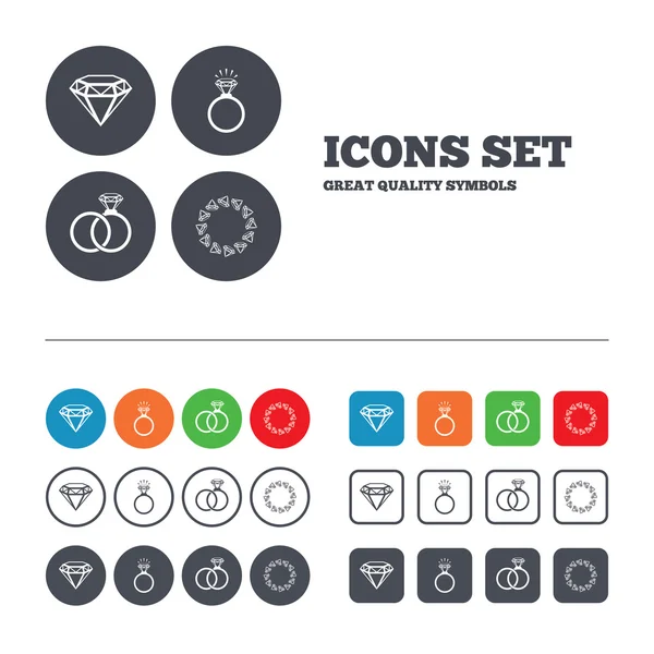 Rings icons. Jewelry with diamond signs. — Stock Vector