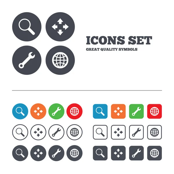 Magnifier glass and globe search icons. — Stock Vector