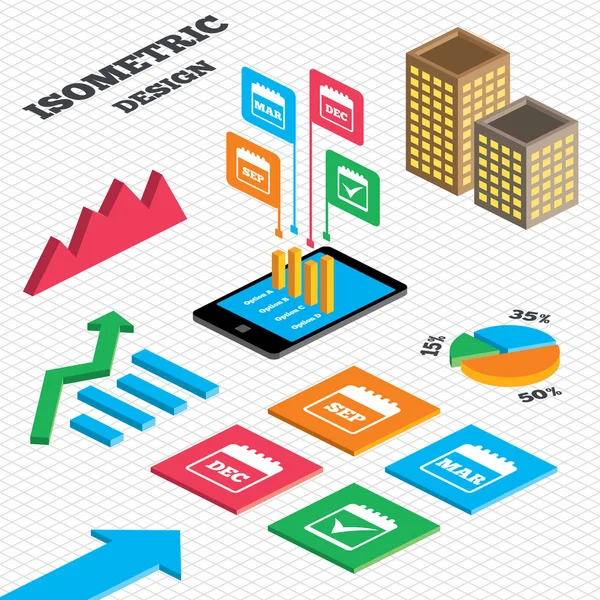 Isometrisk design. Grafen och cirkeldiagram. — Stock vektor