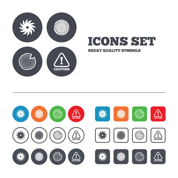 Wood and saw circular wheel icons. — Stock Vector