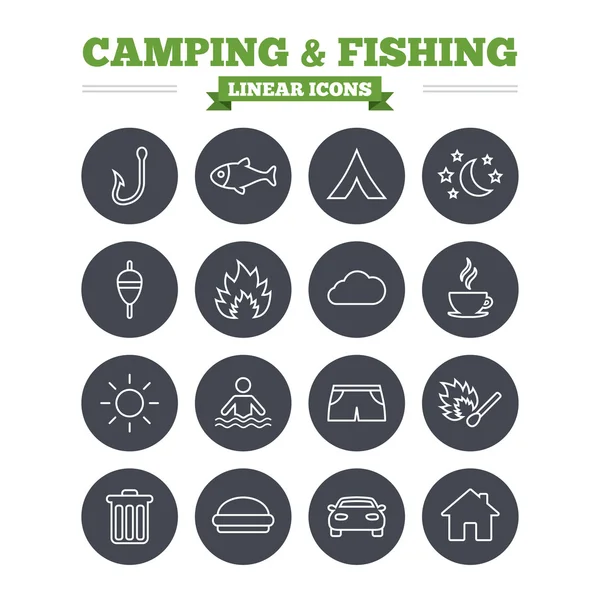 Camping e pesca conjunto de ícones lineares . — Vetor de Stock