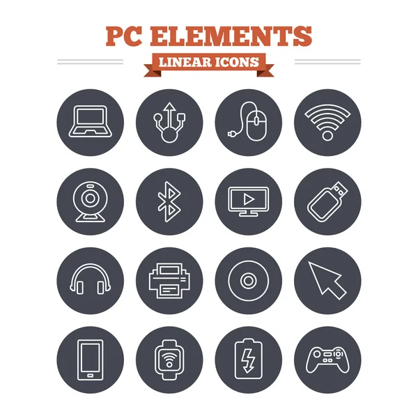 Computer elements linear icons set. — Stock Vector