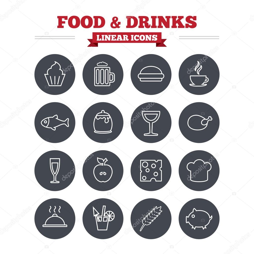 Food and Drinks linear icons set.