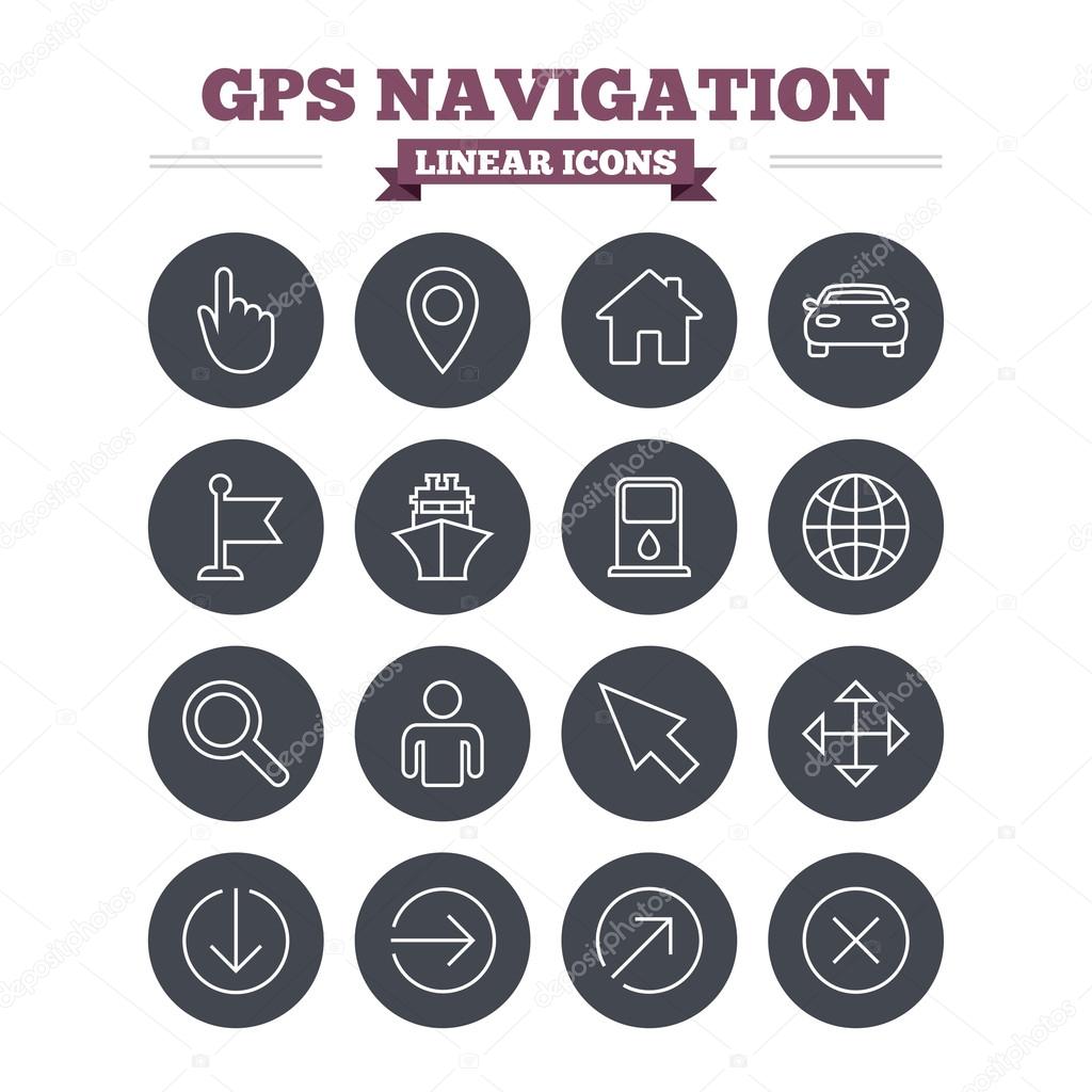 GPS navigation linear icons set.
