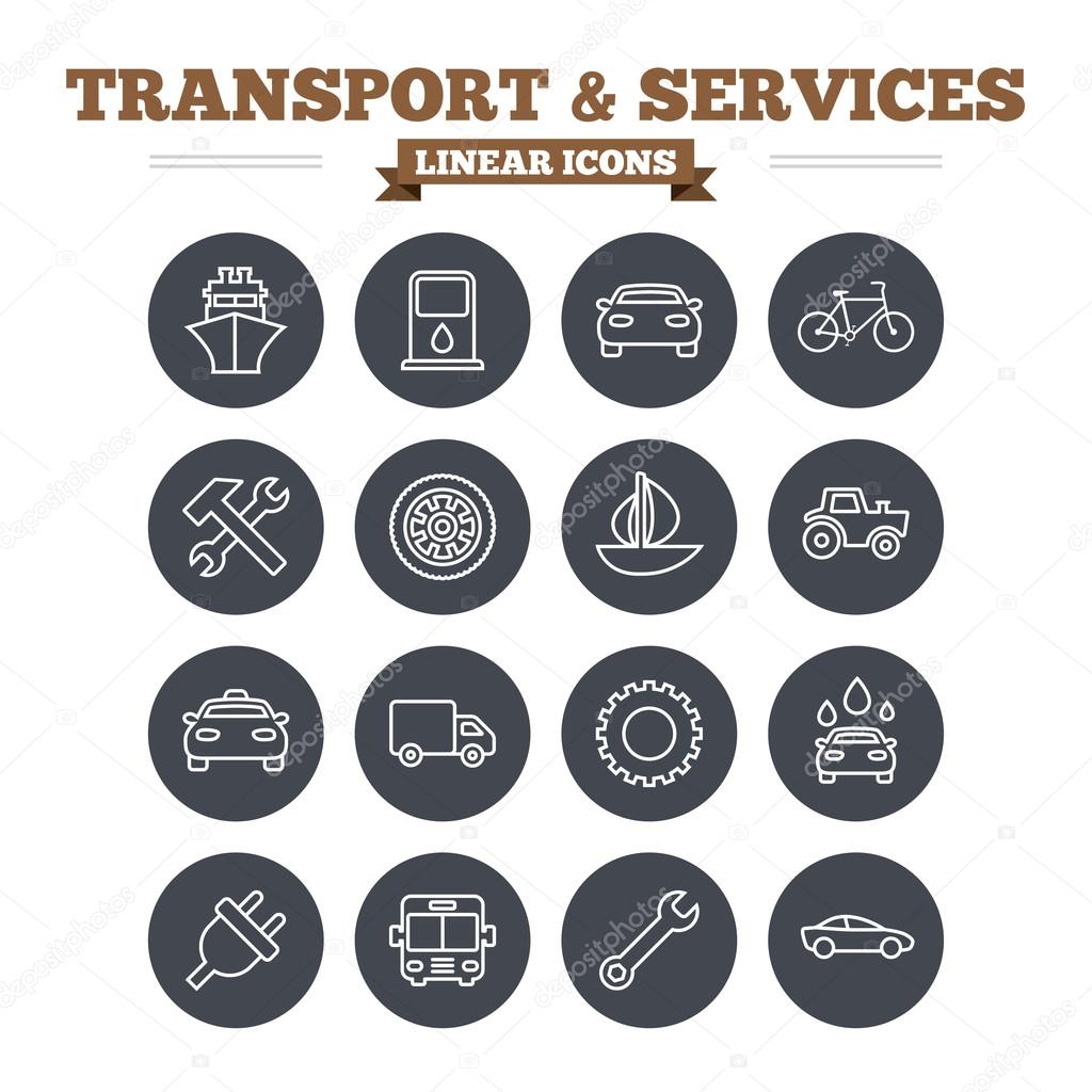 Transport and services linear icons set.