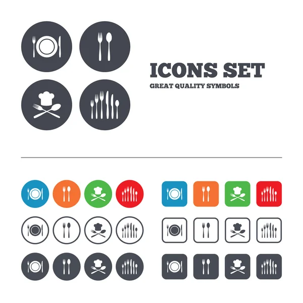 Assiette avec fourchettes et couteaux icônes — Image vectorielle