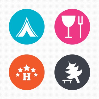 Food, hotel, camping and tree signs.