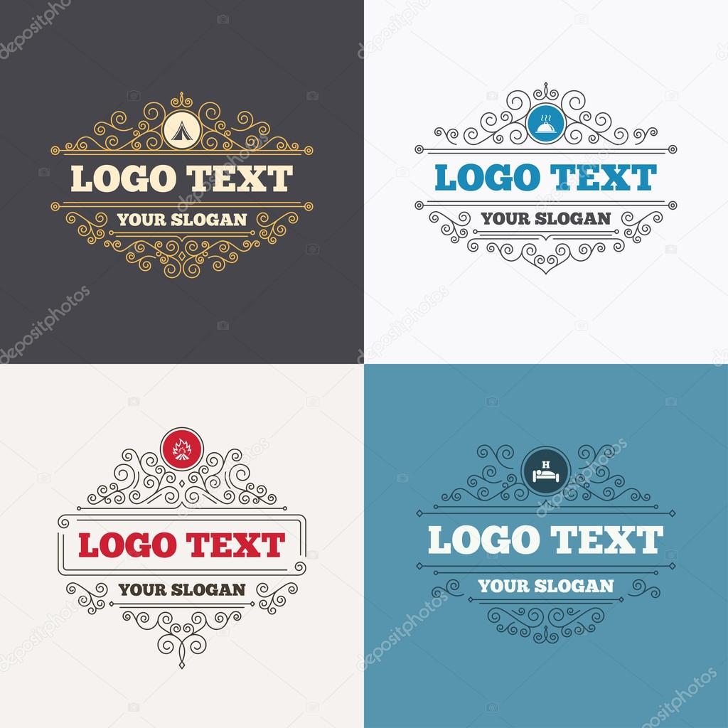 Flourishes calligraphic emblems. Hot food, sleep, camping tent and fire icons. Hotel or bed and breakfast. Road signs. Luxury ornament lines. Vector